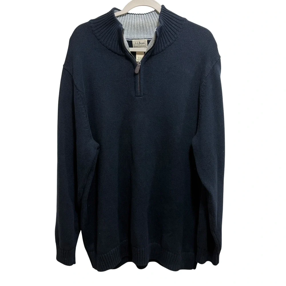LL Bean Mens XL Tall Navy Blue 100% Cotton Quarter Zip Mock Neck Sweater